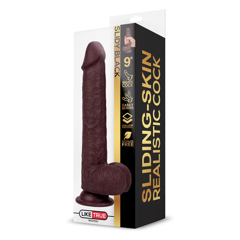 DILDO REALISTA NEGRO DUAL LAYER RETRÁCTIL Y ORIENTABLE 22.8 CM