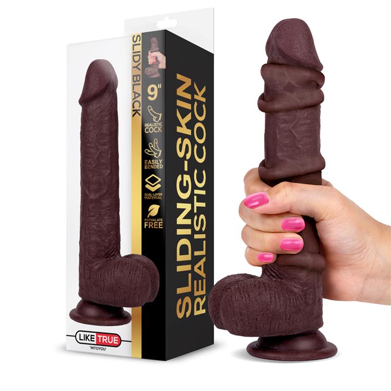 DILDO REALISTA NEGRO DUAL LAYER RETRÁCTIL Y ORIENTABLE 22.8 CM